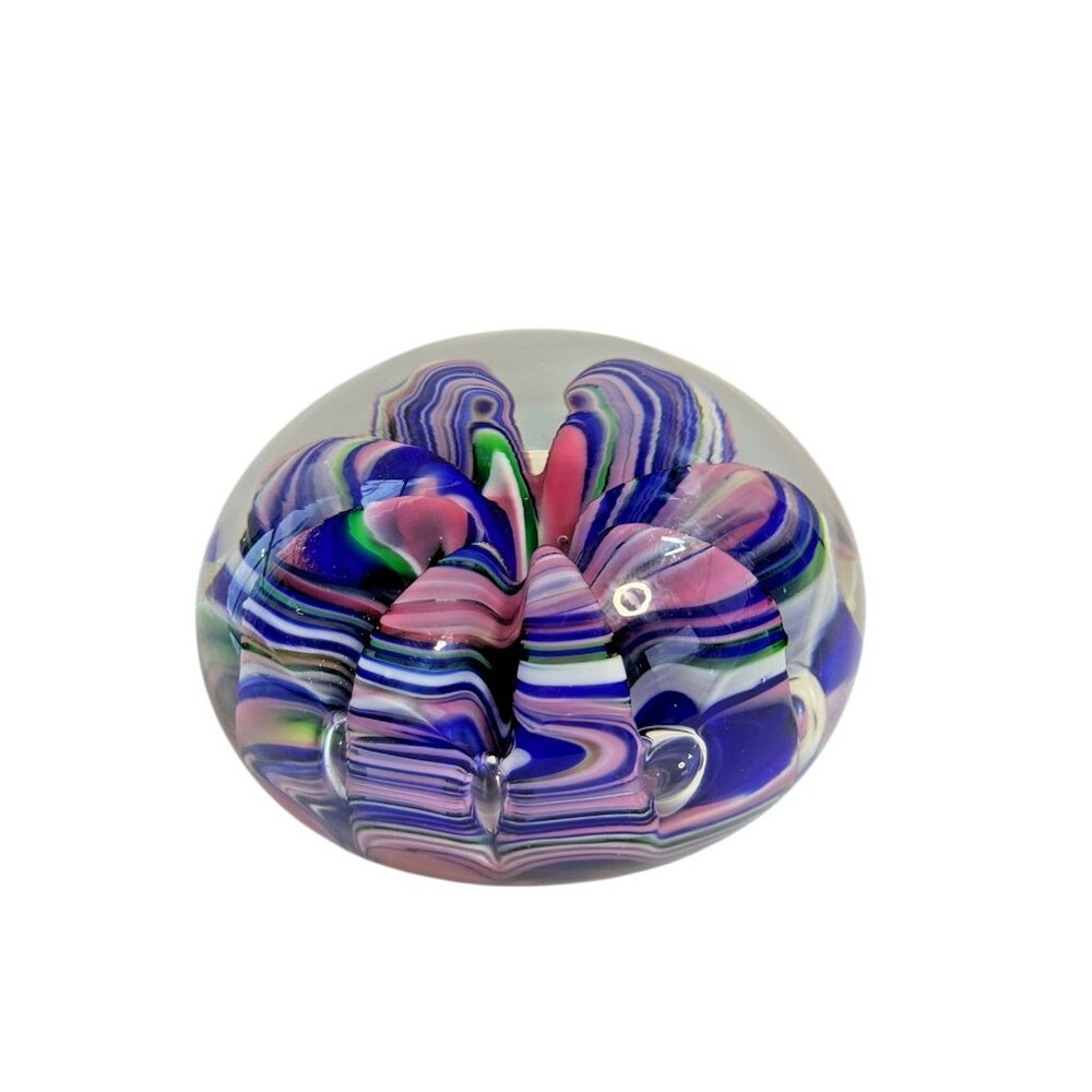 Art Glass Paperweight Signed Joe St. Claire, Ribbon Crimp blue, pink, white - Picture 1 of 10